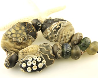 Lampwork Glass Beads Set, Matte Etched, Ivory, Gray, Black