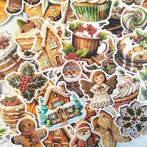 Pacote de adesivos de Natal de biscoito de gengibre com 50 peças, diário de lixo, álbum de recortes, feriado, solstício de inverno, Yule, Papai Noel, árvore, cartões