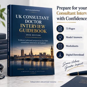 Könnte beinhalten: Ein dunkelblaues UK Consultant Doctor Interview Guidebook 2026 Edition mit einem Bild des Palace of Westminster auf dem Einband. Das Buch enthält Text wie Prepare for your Consultant Interview with Confidence, 73 Pages und Digital Download.