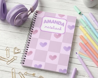 Cuaderno personalizado con estampado de tablero de ajedrez / Diario pastel con nombre personalizado / Material escolar con diseño de cuadros / Lindo regalo de regreso a clases para niñas