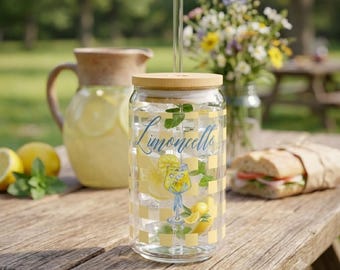 Verre à siroter limonade Limoncello | Joli gobelet en verre à cocktail au citron | Cadeau d'été de verrerie | Tasse à café glacé Vichy jaune | Cadeau pour elle