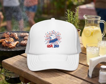 Gorra de camionero vintage USA 250 / Gorra retro de malla del 4 de julio / Regalo patriótico del Día de la Independencia con águila calva / Aniversario del 250 aniversario de Estados Unidos