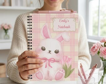 Söt kaninkokett personlig anteckningsbok med namn | Söt rosa kaninanteckningsbok | Tillbaka till skolan-present för flickor