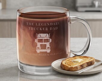 Taza de cristal para papá camionero / Regalo del Día del Padre para conductores / Taza de café vintage "Rey de la Carretera" / Taza con grabado transparente para papá / Regalo del Día del Padre