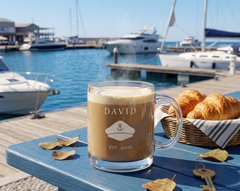 Regalo para el Día del Padre 2026 - Regalo de cumpleaños para él - Taza de café personalizada con diseño de capitán - Taza de cristal náutica - Regalo para él