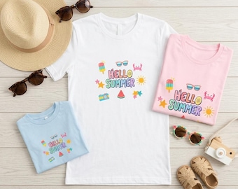Camiseta Hola Verano / Camiseta familiar a juego con garabatos playeros retro / Camiseta de verano con estética acuarela adorable / Camiseta de verano para mamá e hija