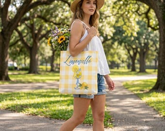 Sac fourre-tout en toile limoncello, sac de plage méditerranéen d'été italien, sac à main cocktail limonade imprimé citron, joli cadeau de vacances pour elle