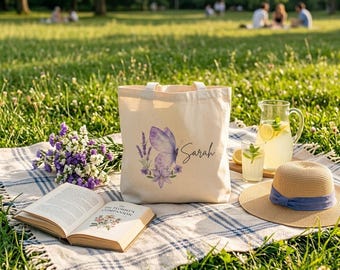Regalo de cumpleaños - Bolso tote personalizado con mariposas y flores - Bolso minimalista con flores silvestres - Regalo para ella - Bolso de lona con nombre personalizado