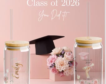 Regalo de graduación para ella - Regalo de fin de curso con acuarela floral - Taza de cristal personalizada para la promoción de 2026 - Taza de café helado personalizada