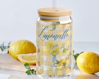 Vaso para limonada Limoncello / Vaso de cóctel de limón adorable / Regalo de cristalería de verano / Taza de café helado a cuadros amarillos / Regalo para ella