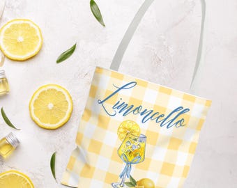 Bolso de mano con estampado de limoncello y cóctel de limón / Bolso de playa con estética veraniega italiana / Regalo para ella / Bolso de lona con estampado de limoncello / Regalo de cumpleaños para ella