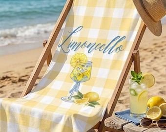 Toalla de playa Limoncello, toalla grande italiana de verano, toalla de piscina estética de cuadros amarillos, toalla de microfibra de lujo con estampado de limón mediterráneo. Regalo ideal.