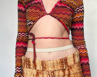 Save the Queen vintage Y2k wrap around long sleeve mesh top