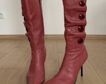 Vintage Y2k Coquette Stiletto Heels Tall Pink Pointed Toe Boots