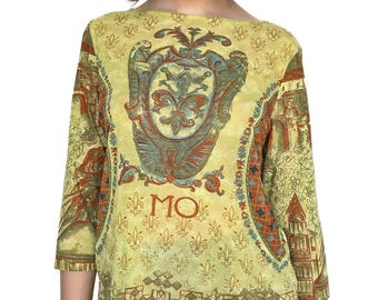 Vintage 3/4 sleeve Renaissance Print Mesh Top