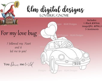 Lovebug Gnome-Black & White Digital Stamp, Clip Art, Paper Crafting, Stamps, Stamping Supplies
