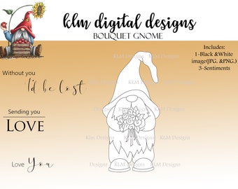 Bouquet Gnome-Black & White Digital Stamp, Clip Art, Paper Crafting, Stamps, Stamping Supplies