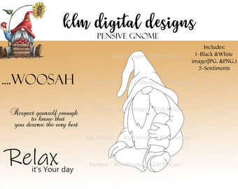 Pensive Gnome-Black & White Digital Stamp, Clip Art, Paper Crafting, Stamps, Stamping Supplies