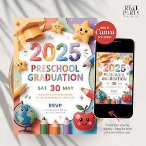 Può includere: Un colorato invito alla laurea prescolare con l'anno 2025 in grandi numeri. Il design include stelle, matite, un cappello di laurea, un mappamondo e una mela. Il testo recita "Laurea prescolare" e include data, ora e informazioni RSVP.