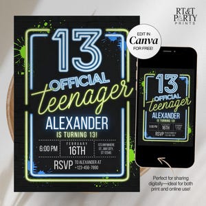 Blau Grün Neon 13. Geburtstagseinladung offizieller Teenager Bday Favors 13 Jahre altes Teen Boy Party Telefon Digital Invite Canva Template Card