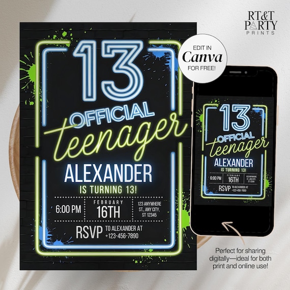 Blue Green Neon 13th Birthday Invitation Official Teenager Bday Favors 13 Year Old Teen Boy Party Phone Digital Invite Canva Template Card