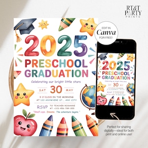 Op de afbeelding: Een kleurrijke uitnodiging voor een kleuterschoolafstuderen met het jaar 2025 in regenboogkleuren. Het ontwerp bevat cartoonsterren, potloden en een appel. Een smartphone toont dezelfde uitnodiging. Tekst: "Kleuterschoolafstuderen".