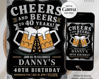 Cheers and Beers To 40 Years 40th Birthday Invitation for Men Rustic Bday Invite Surprise Beer Pub Milestone Party Canva Editable Template