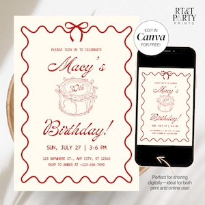 Puede incluir: Invitación de fiesta de cumpleaños roja y blanca con una ilustración de pastel y el texto "¡Por favor, únase a nosotros para celebrar el 30 cumpleaños de Macy! Dom, 27 de julio | 15:00-18:00 123 Anywhere St., Any City, ST 12345 RSVP a Amber al +123-456-7890"