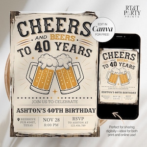 May include: A printable 40th birthday party invitation with a rustic wood background. The invitation features a graphic of two beer mugs clinking together and the text "Cheers and Beers to 40 Years".