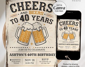 Könnte beinhalten: Eine druckbare Einladung zu einer 40. Geburtstagsfeier mit rustikalem Holzhintergrund. Die Einladung zeigt eine Grafik von zwei Bierkrügen, die anstoßen, und den Text "Cheers and Beers to 40 Years".