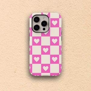 Pink Heart Pattern iPhone Case, Cute Valentine’s Day Phone Cover, Romantic Heart Design Case, Checkers phone, Hearts phone case, case 4 her