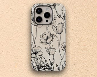 Funda floral para teléfono, blanco y negro, boceto botánico, diseño floral minimalista, funda minimalista, funda de flores para teléfono, funda para iPhone, elegante