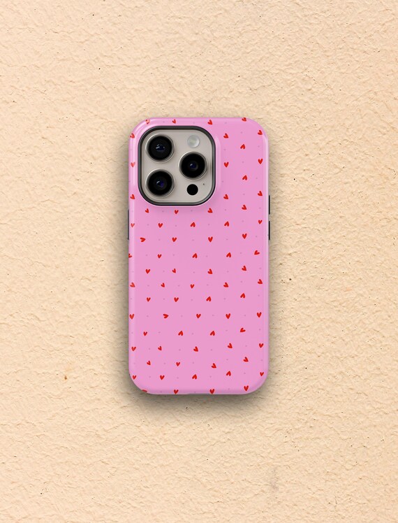 Pink Phone Case with Red Hearts, Cute Heart Pattern Phone Case, Valentines day case, Red heart case, Pink phone case, minimalistic case Pink Phone Case with Red Hearts, Cute Heart Pattern Phone Case, Valentines day case, Red heart case, Pink phone case, minimalistic case