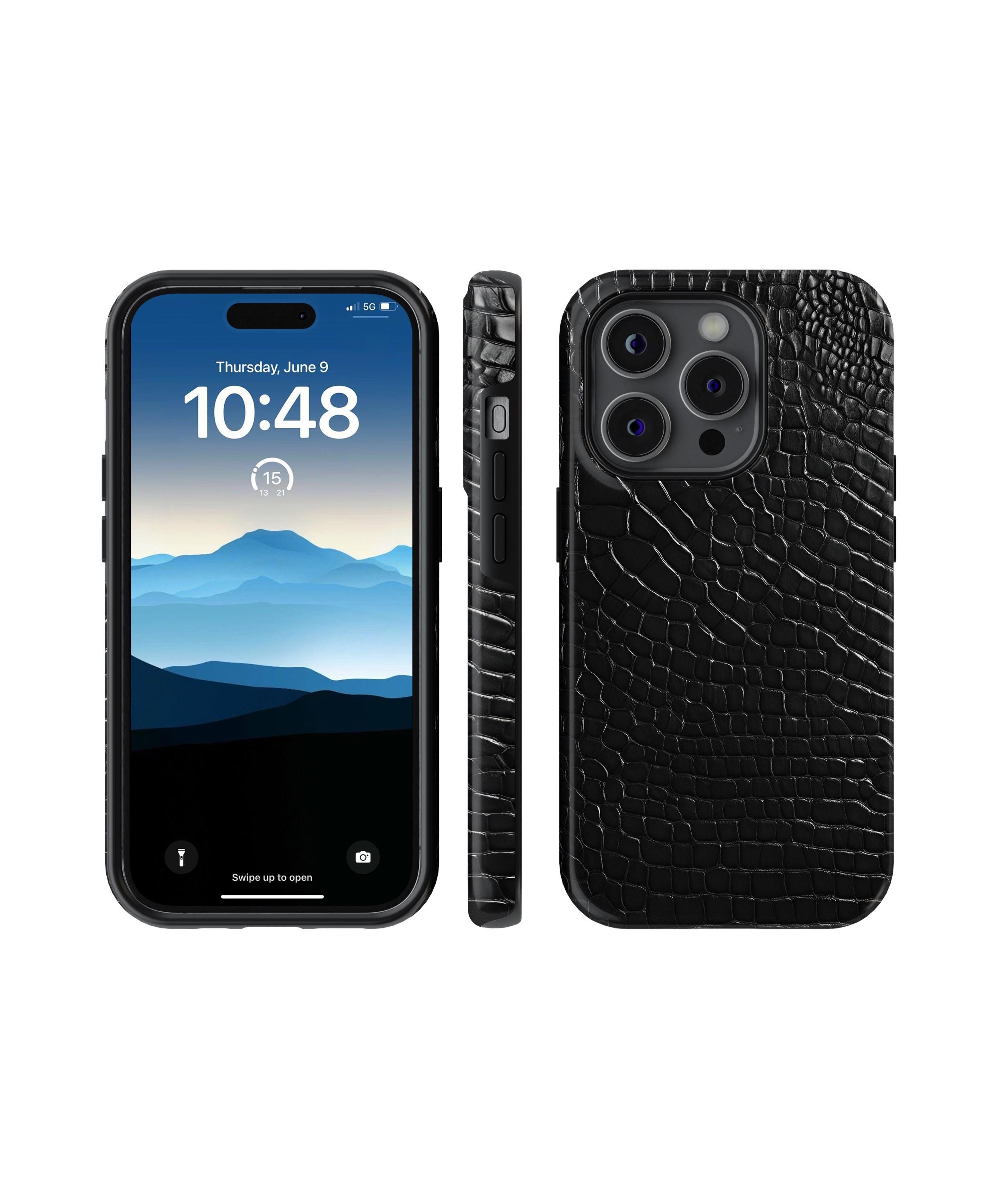 ブラッククロコダイルフェイクレザープリントの携帯電話ケース、iPhone