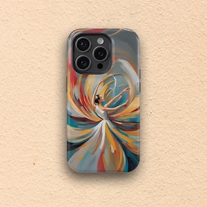 Puede incluir: Una funda de teléfono con un diseño abstracto colorido que presenta a una bailarina con un vestido blanco. El diseño recuerda a una pintura colorida y giratoria.