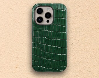 Dark Green Crocodile Texture Print Phone Case: Embossed Leather Look