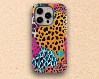 Custodia per telefono con stampa leopardata colorata, motivo animale neon funky, custodia colorata, custodia leopardata, custodia arancione, custodia gialla, custodia a pois, custodia funky