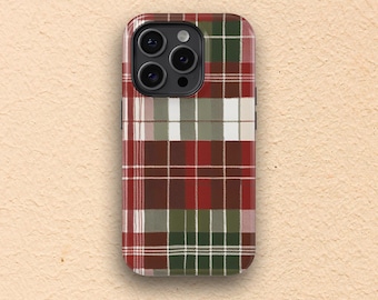 Funda clásica para teléfono en rojo y verde, con estampado de tartán, vintage, navideña, para iPhone 16 y Samsung.