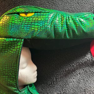 May include: Green and black snake costume hat with a yellow eye and a red tongue. The hat is made of a soft, plush material and has a hood that can be pulled over the head.