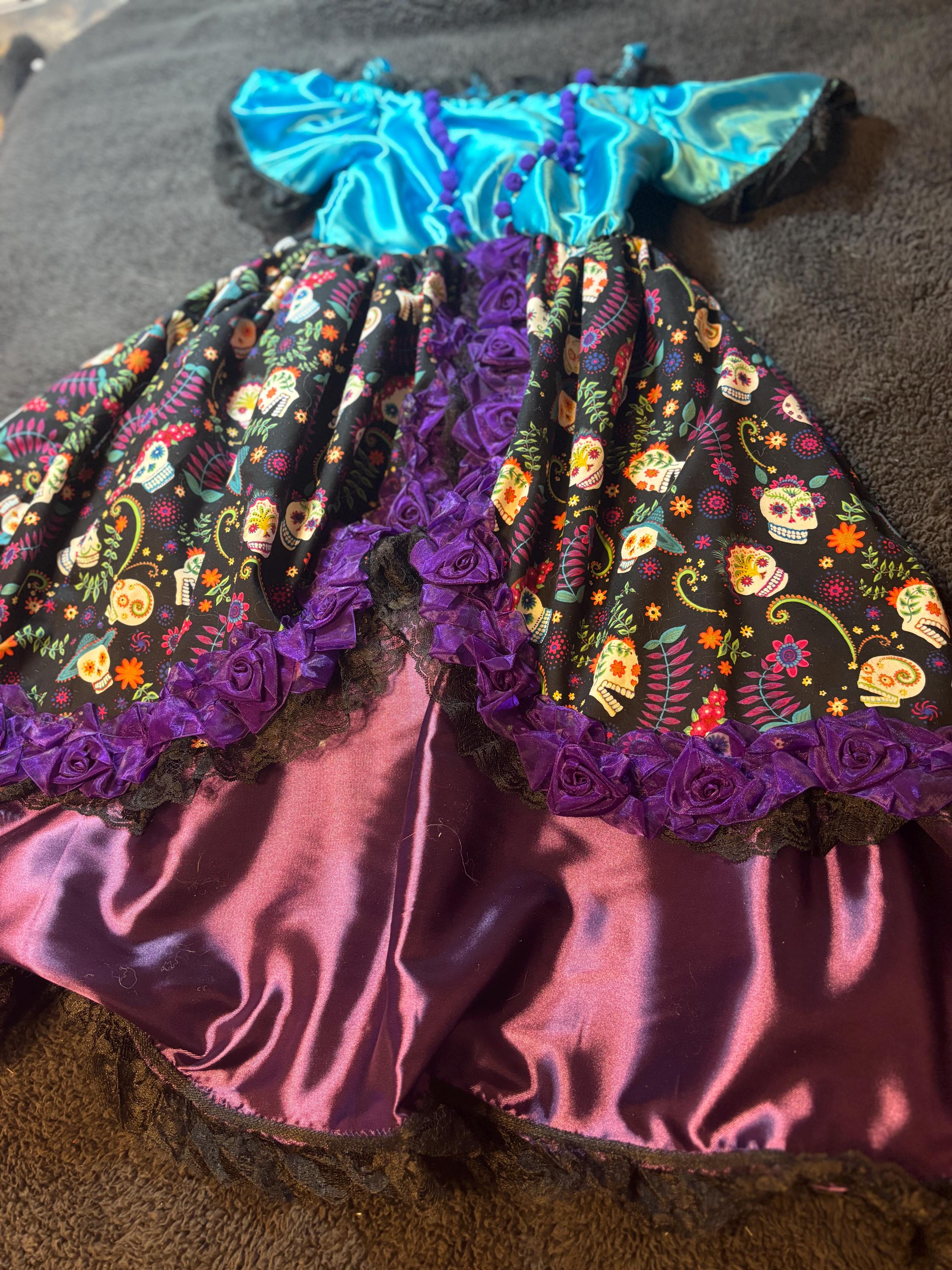 day of the dead purple dress 42" Purple & Black Day of the Dead Senorita Women Adult Halloween Costume - Small