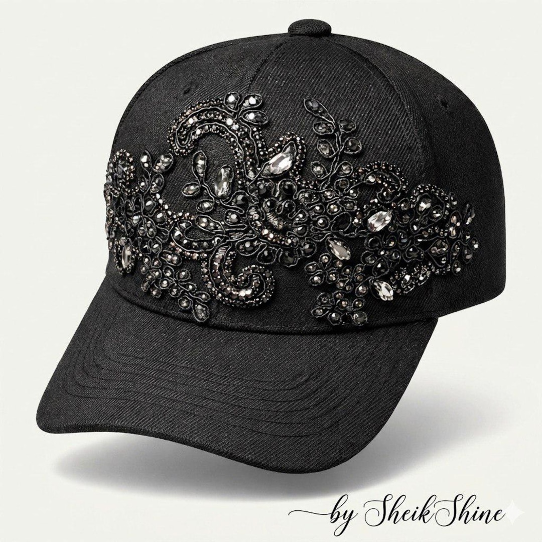 Rhinestone Baseball Cap With Lace Black Handmade Crystal Hat, Unique ...