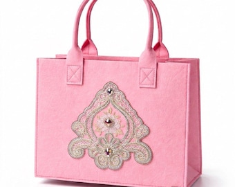 Bolso tote de fieltro rosa con encaje y pedrería, bolso glamuroso, bolso elegante para mujer
