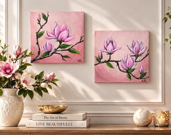 Magnolia Flower Painting, Original Pink Floral Wall Art, 10x10 Canvas Painting, Romantic Botanical Decor, Set of 2