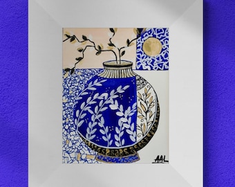May include: A framed painting featuring a round blue vase with white leaf patterns and gold accents. The vase holds thin branches against a light background with a gold circle. The artist signature AAL is visible in the bottom right corner.