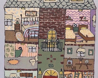 Peinture originale d'art populaire lunatique miniature de maison de poupée, 8 x 10 sur toile par Maria Avila