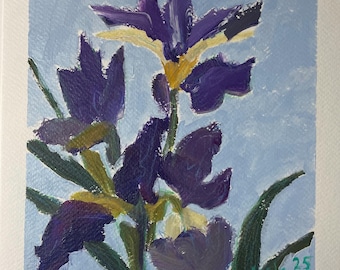 Opera originale di Maria Avila raffigurante fiori di iris su carta 8x8, tecnica mista.