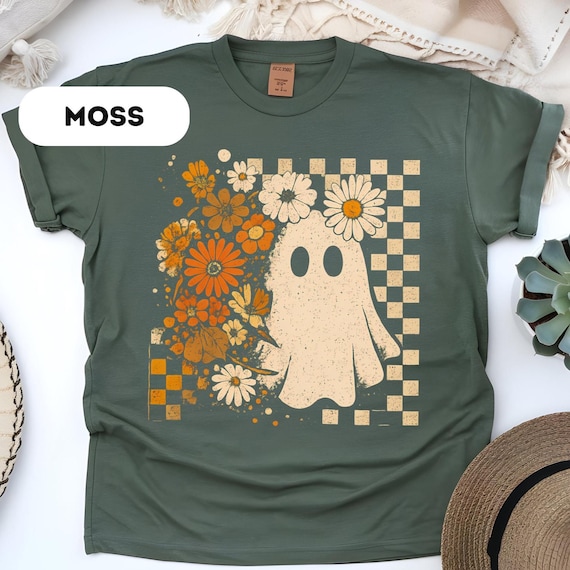 Comfort Colors®, Comfort Colors® Checkered Ghost Shirt, Halloween Floral Ghost Shirt, Cute Fall Shirt, Cottagecore Ghost Tee,D319