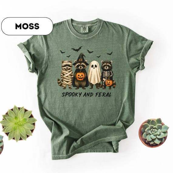 Comfort Colors® Spooky and Feral Raccoon Shirt, Funny Halloween Raccoon Shirt,Cute Trendy Womens Halloween T-Shirt, Vintage Fall Tshirt,D458