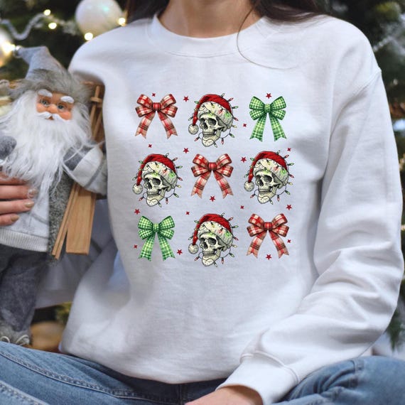 Christmas Skeleton Shirt, Funny Santa Hat Gift, Plaid Ribbon Bow Tee, Santa Shirt, Christmas Light Tee, Scary XMas Gift, Retro Xmas, D018