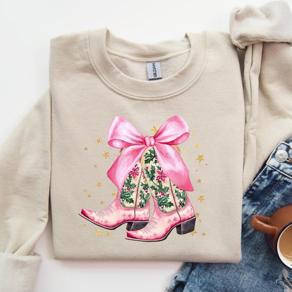 Western Boot Christmas Shirt, Christmas Party Shirt, Coquette Xmas Shirt, Xmas Shirts, Christmas Cowboy T-Shirt, Bow Cowboy Boots Tees,D039